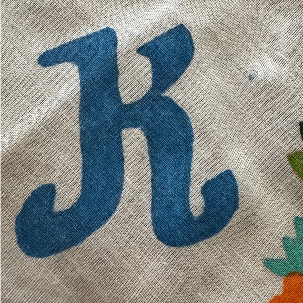 Fabric Painted Floral Tablecloth Monogram K Yellow Orange Cottage Core 54x68